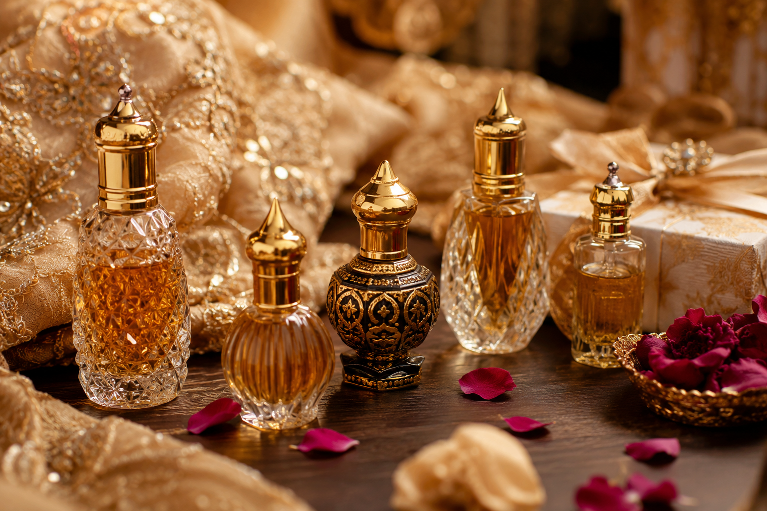 Best Attar for Wedding in Pakistan 2026 — Groom & Guest Fragrances | Attar Makki Premium attar bottles with rose petals and gold accents arranged for a Pakistani wedding — Attar Makki Karachi